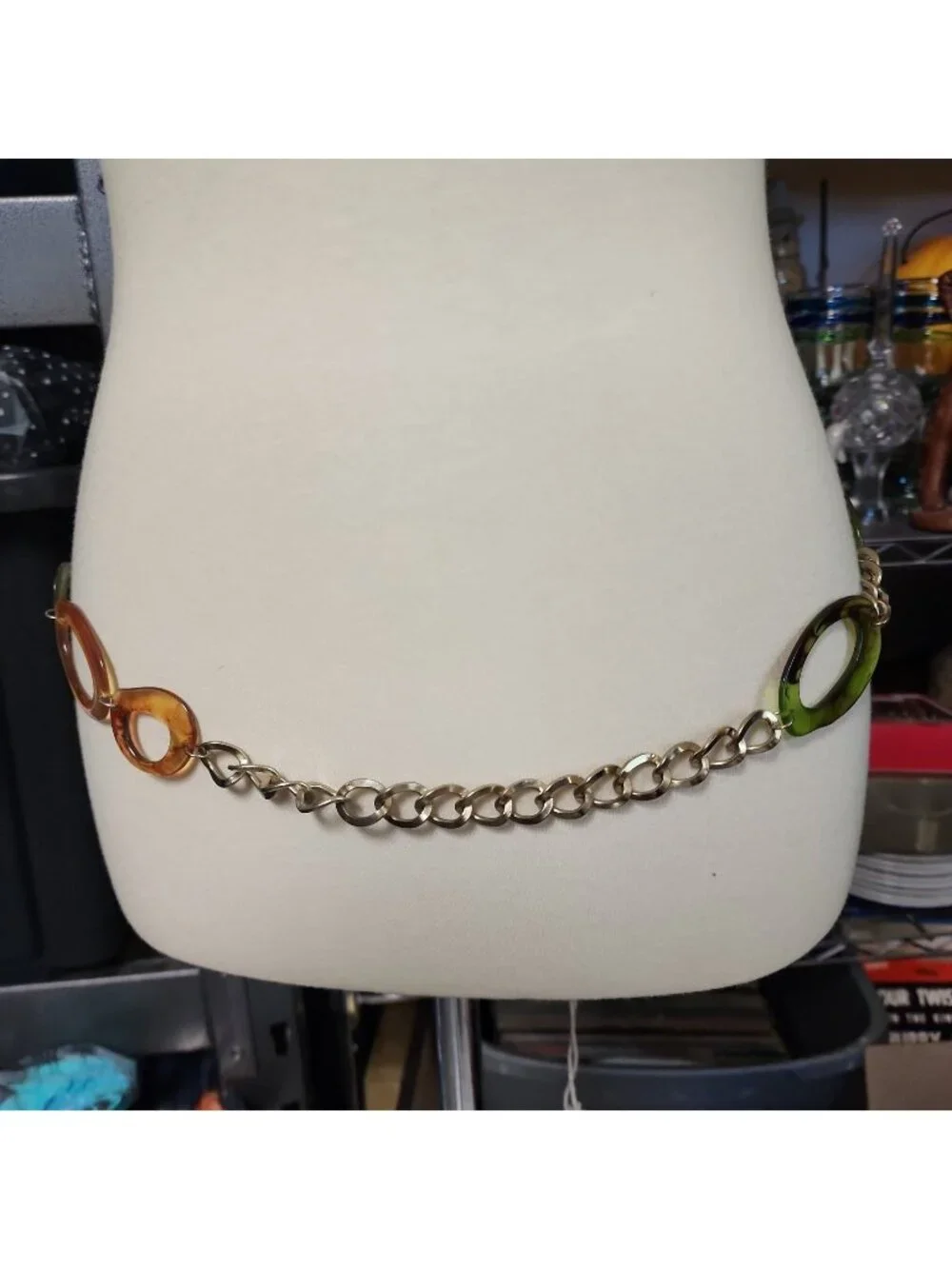 Vintage Chain Belt Gold Tone Orange Green Acrylic Boho Adjustable Fits Up To 36